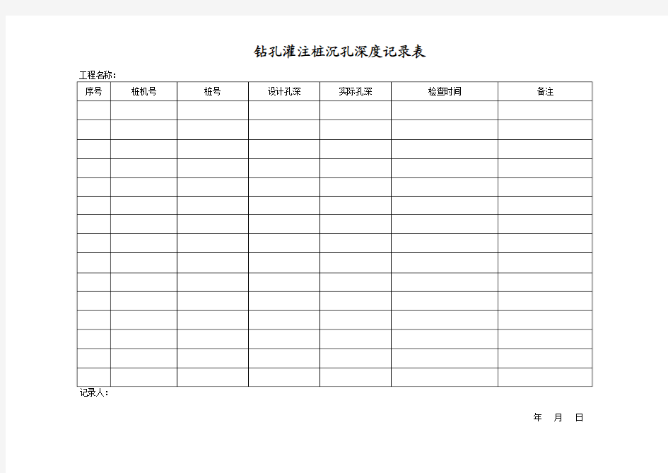 钻孔灌注桩沉孔深度记录表