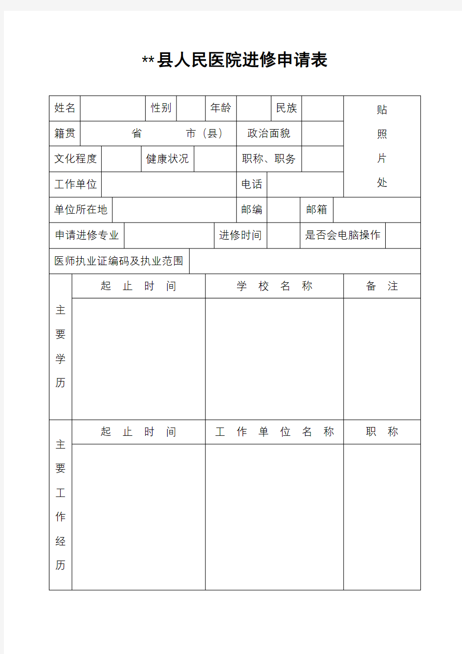 XX县人民医院进修申请表【模板】