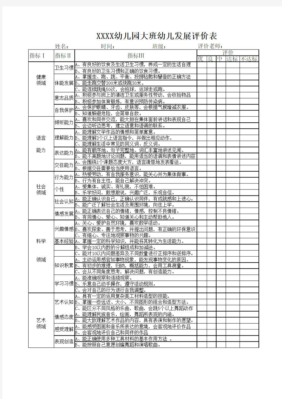 大班幼儿发展评价表(1)