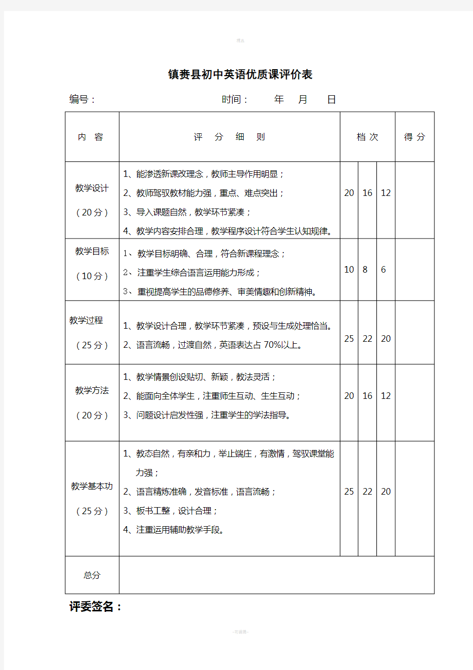 初中英语优质课评价表