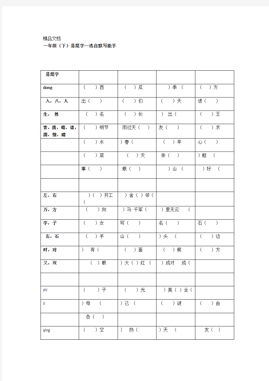 最新一年级下语文易混字默写能手资料