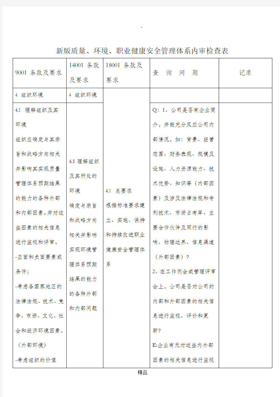 新版质量、环境、职业健康安全管理体系内审检查表