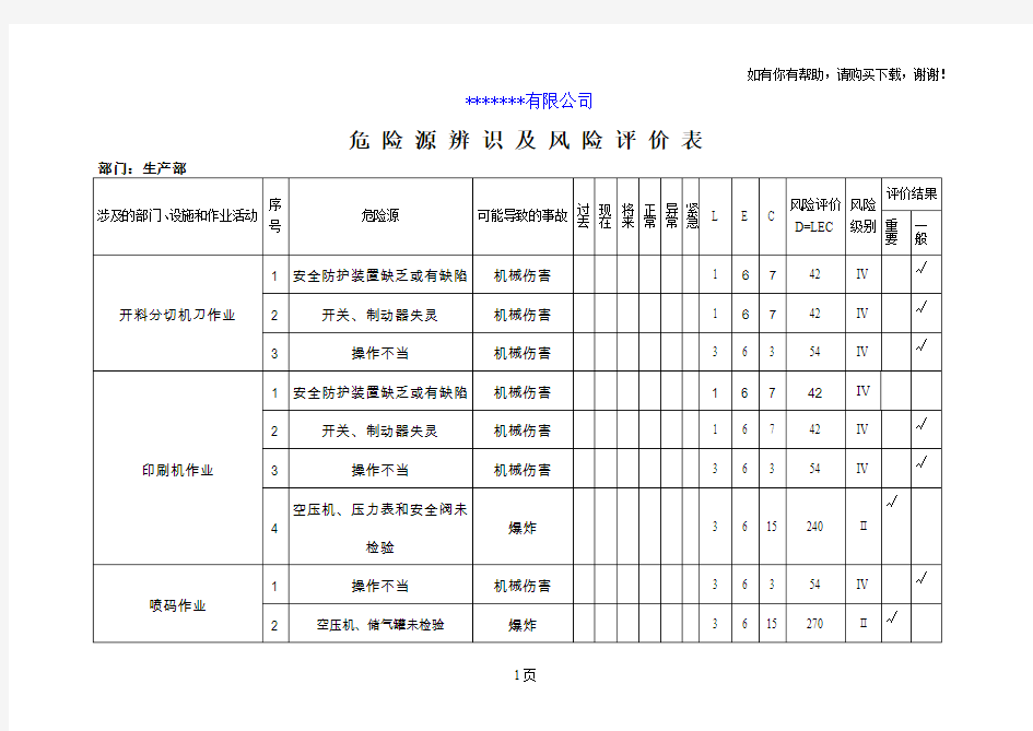 危险源评价表汇总和重要危险源评价表