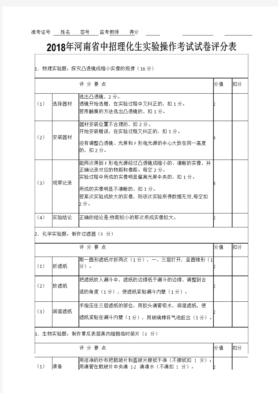 2018最新理化生实验评分标准