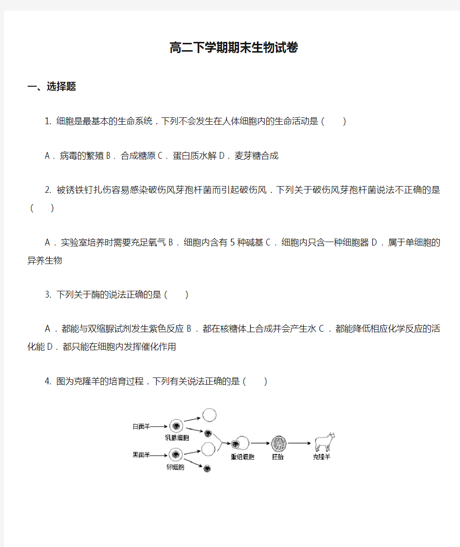 高二下学期期末生物试卷真题