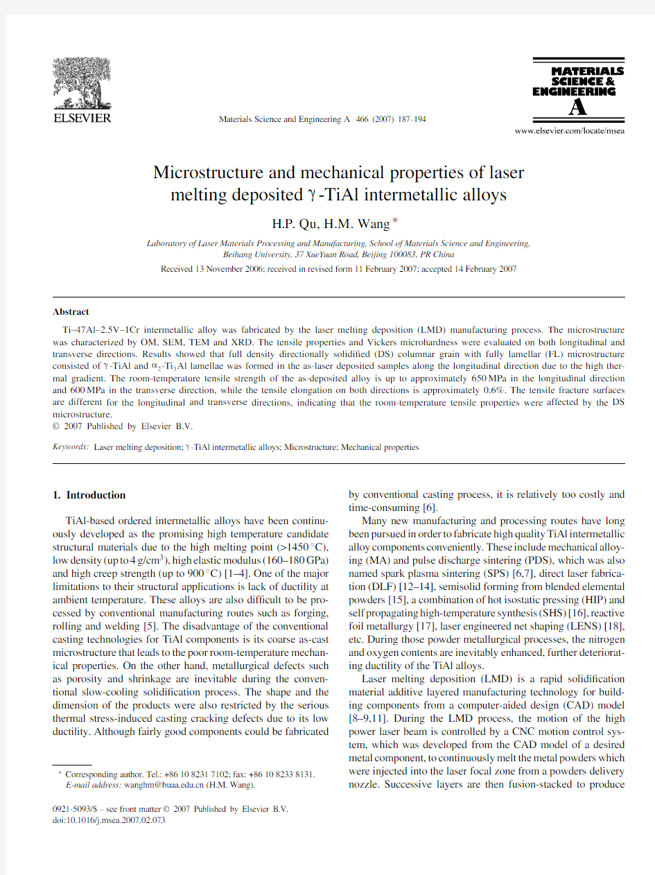 2007-Microstructure mechanical properties of laser melting deposited γ-TiAl intermetallic alloys