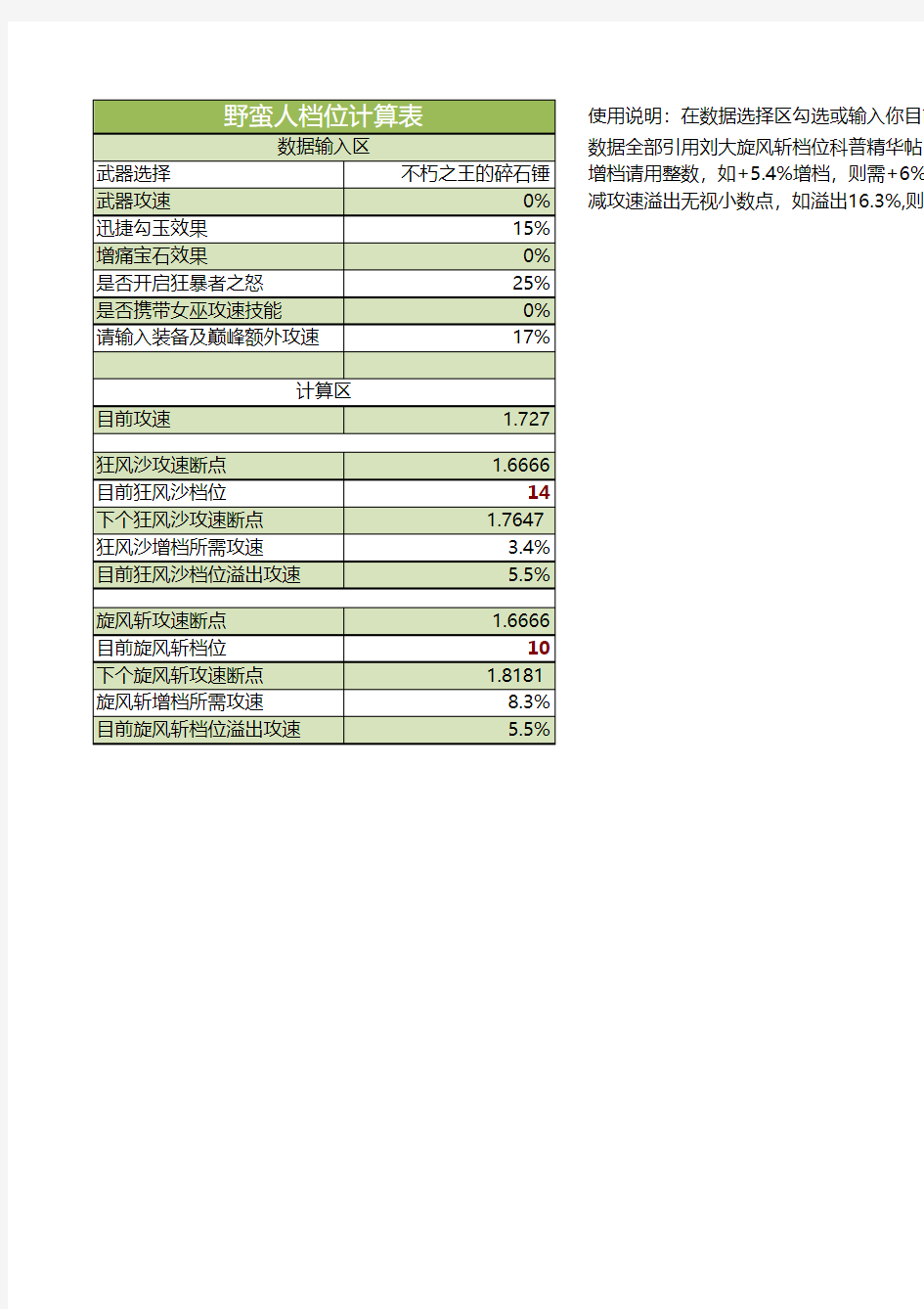 野蛮人档位计算表428