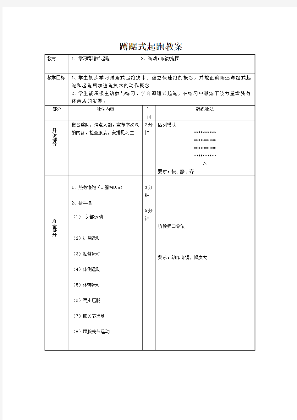 蹲踞式起跑教案