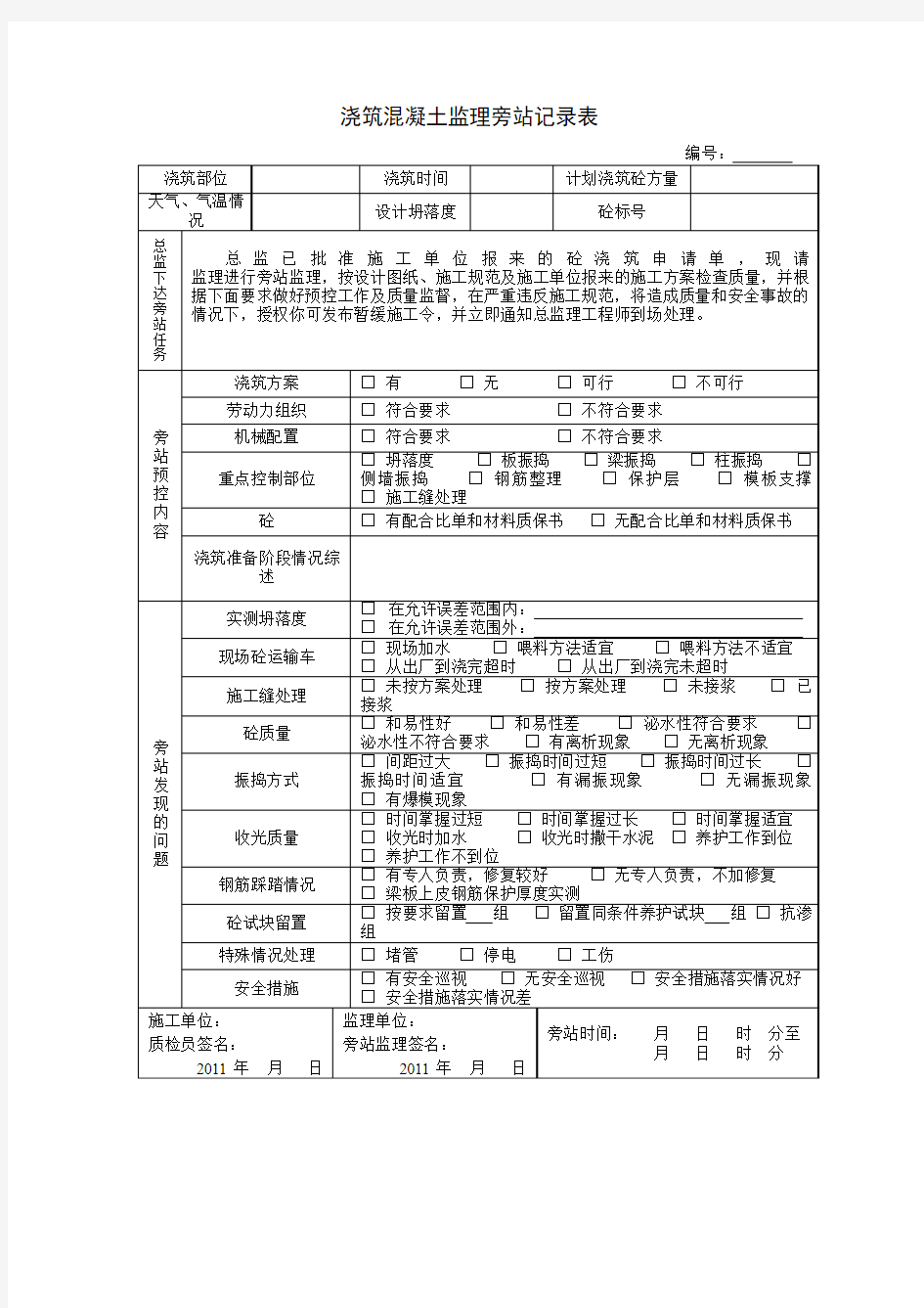 浇筑混凝土监理旁站记录表