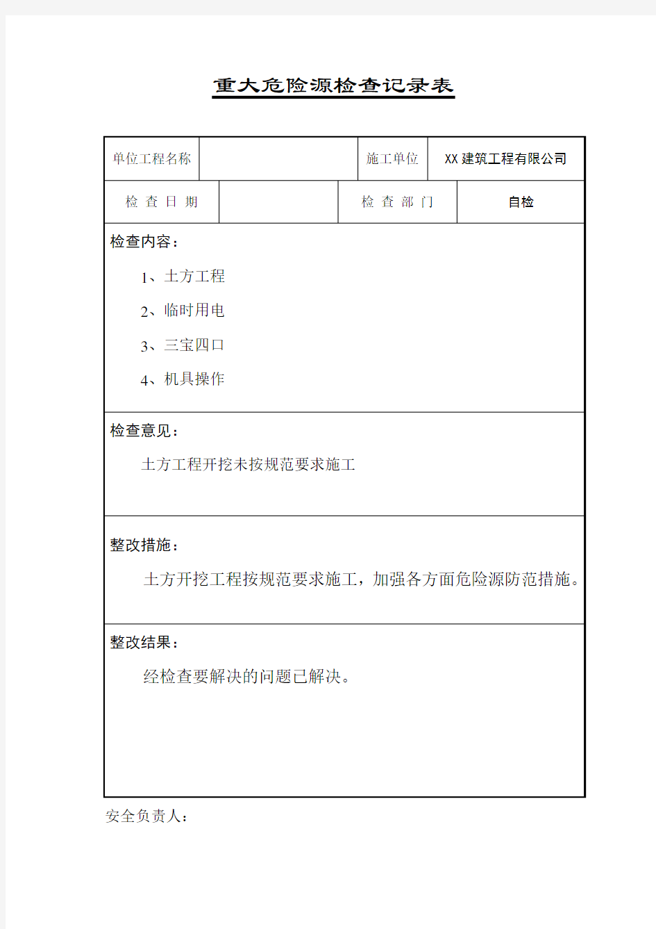 重大危险源安全检查记录表