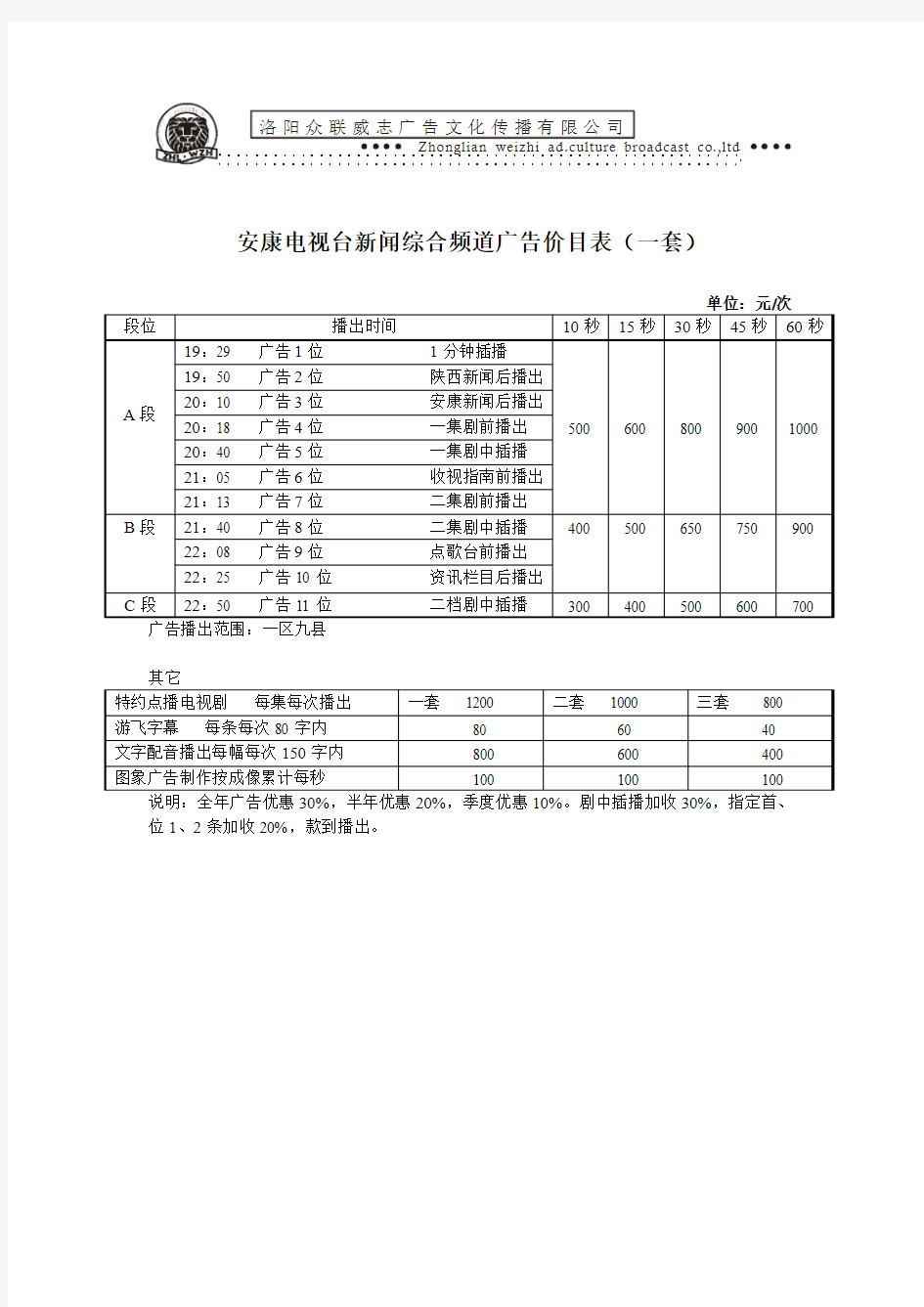 安康电视台新闻综合频道广告价目表(一套)