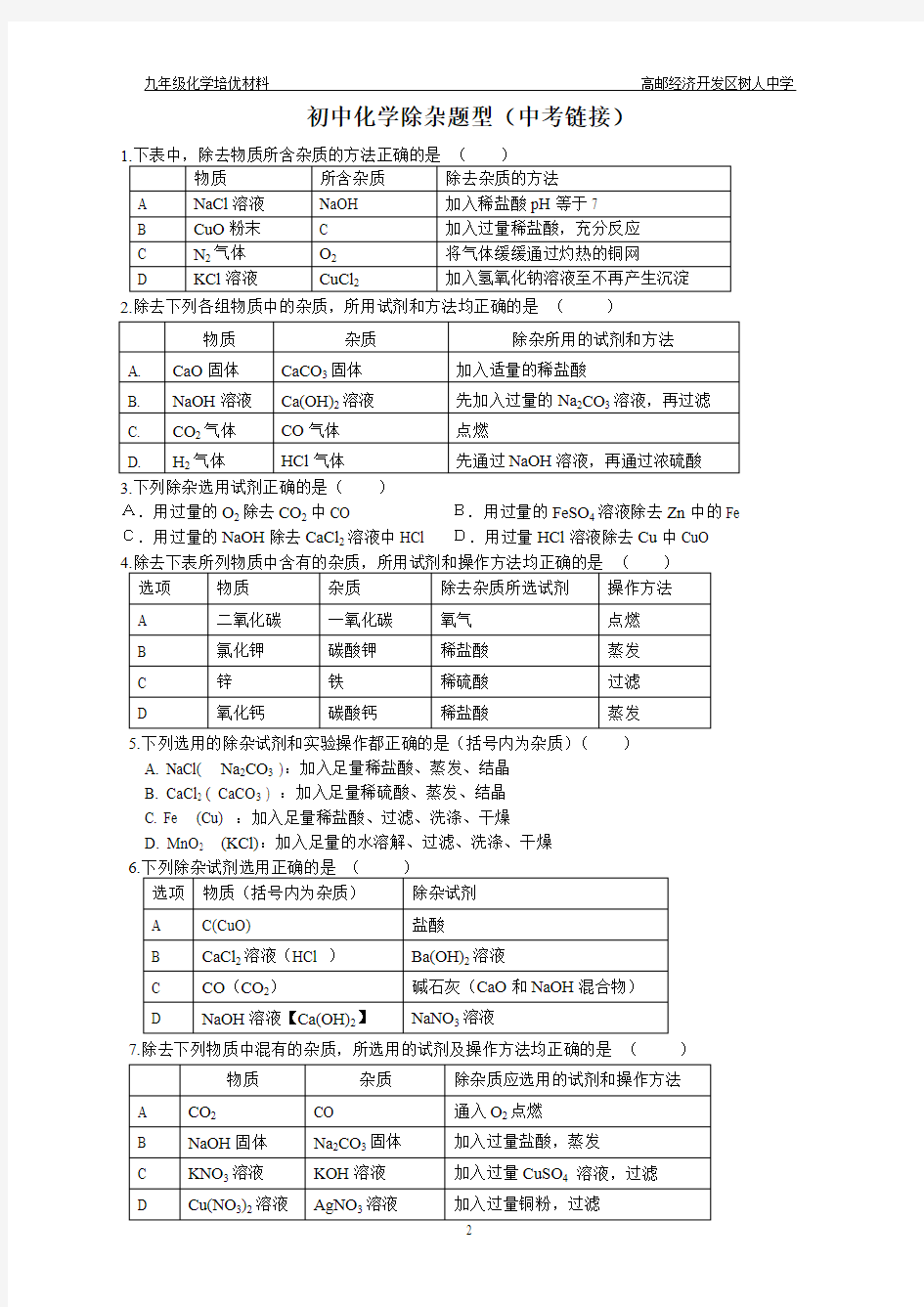 九年级化学培优材料