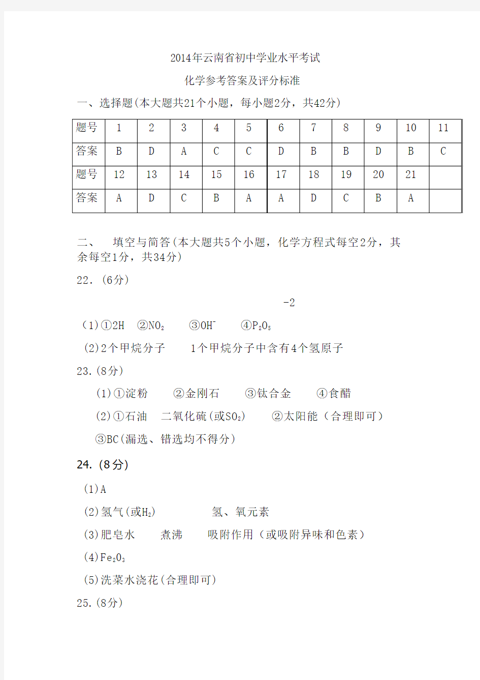 2014年云南省初中化学学业水平考试答案及评分标准