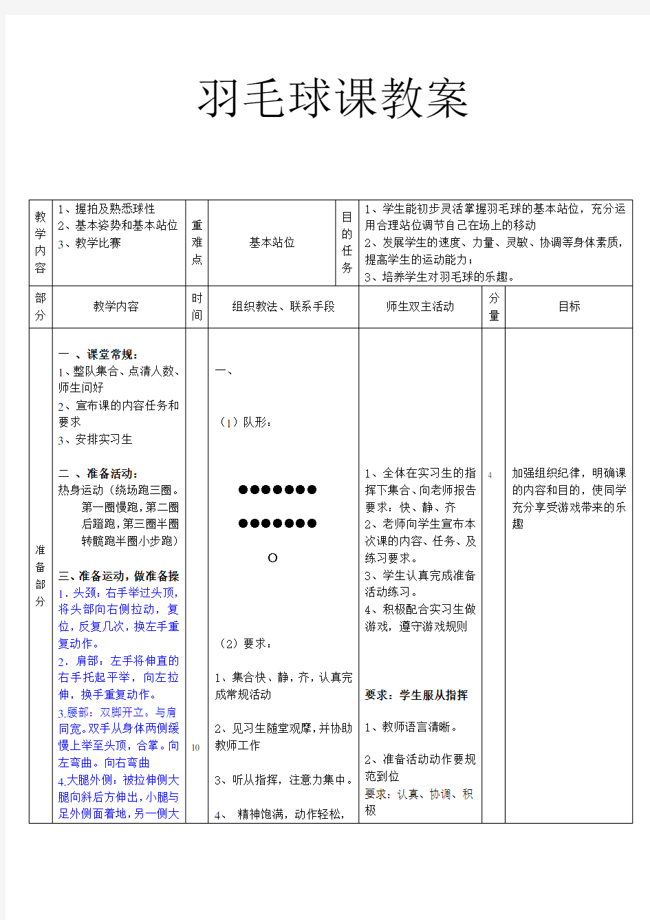 羽毛球基本站位及握拍的教案