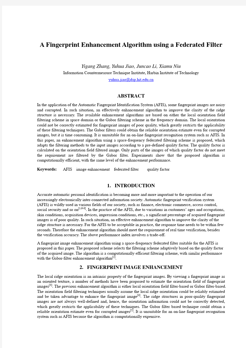 A Fingerprint Enhancement Algorithm using a Federated Filter