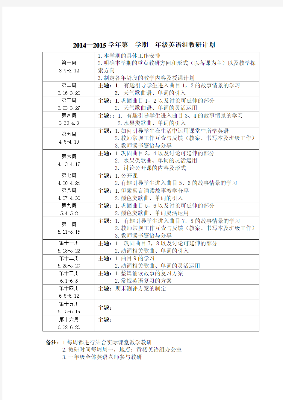 2014—2015学年第二学期一年级英语组教研计划