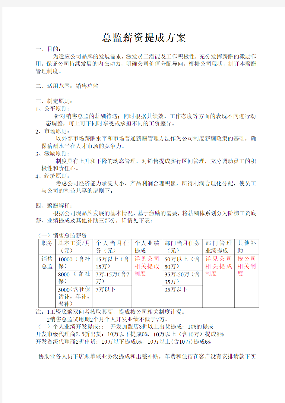 市场总监薪资提成方案