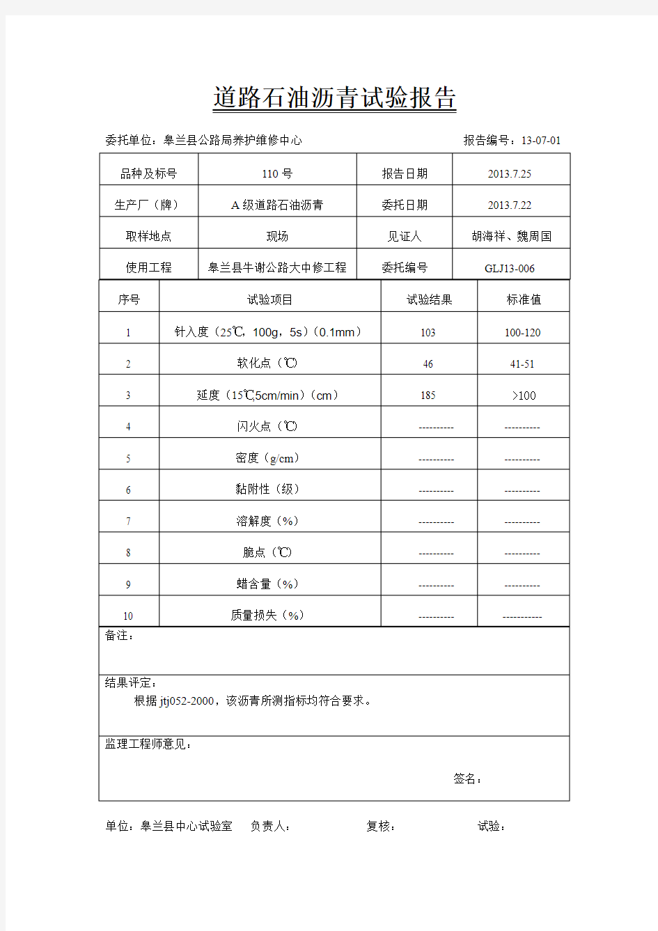 道路石油沥青试验报告