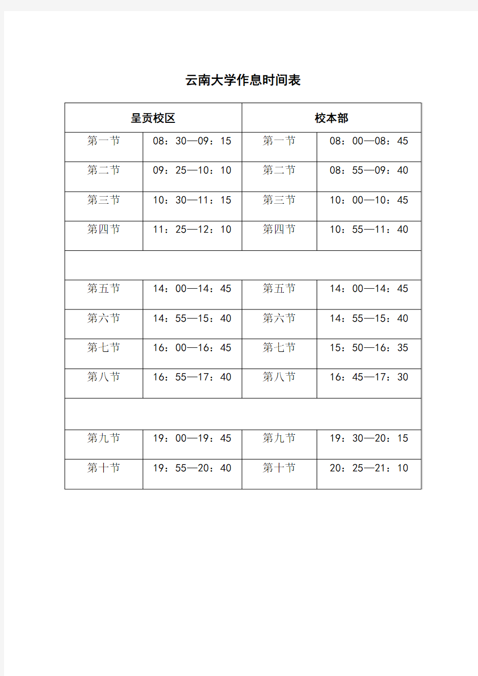 云南大学作息时间表