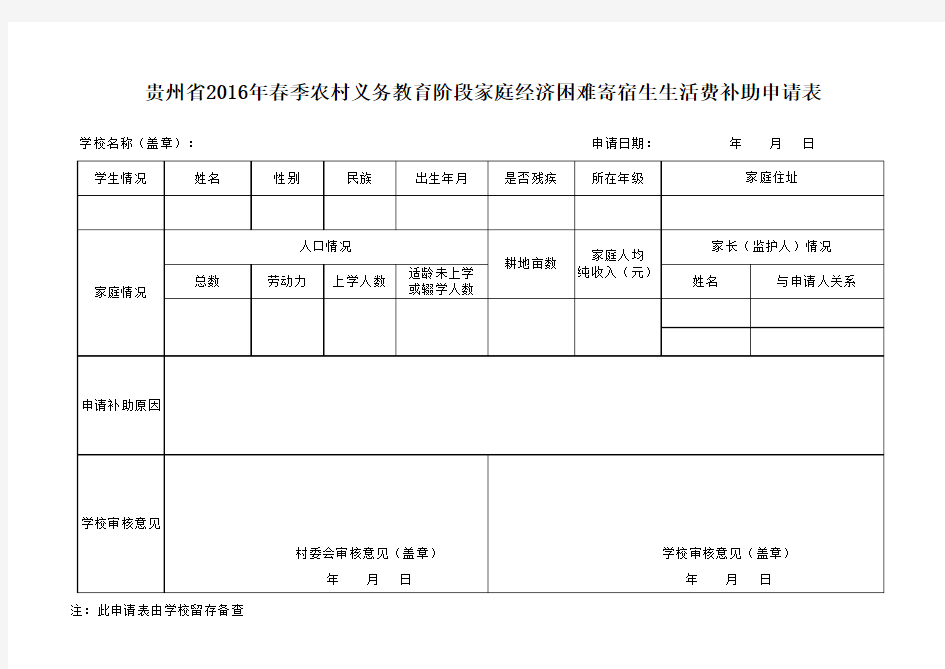 贵州省农村义务教育阶段家庭经济困难寄宿生生活费补助申请表