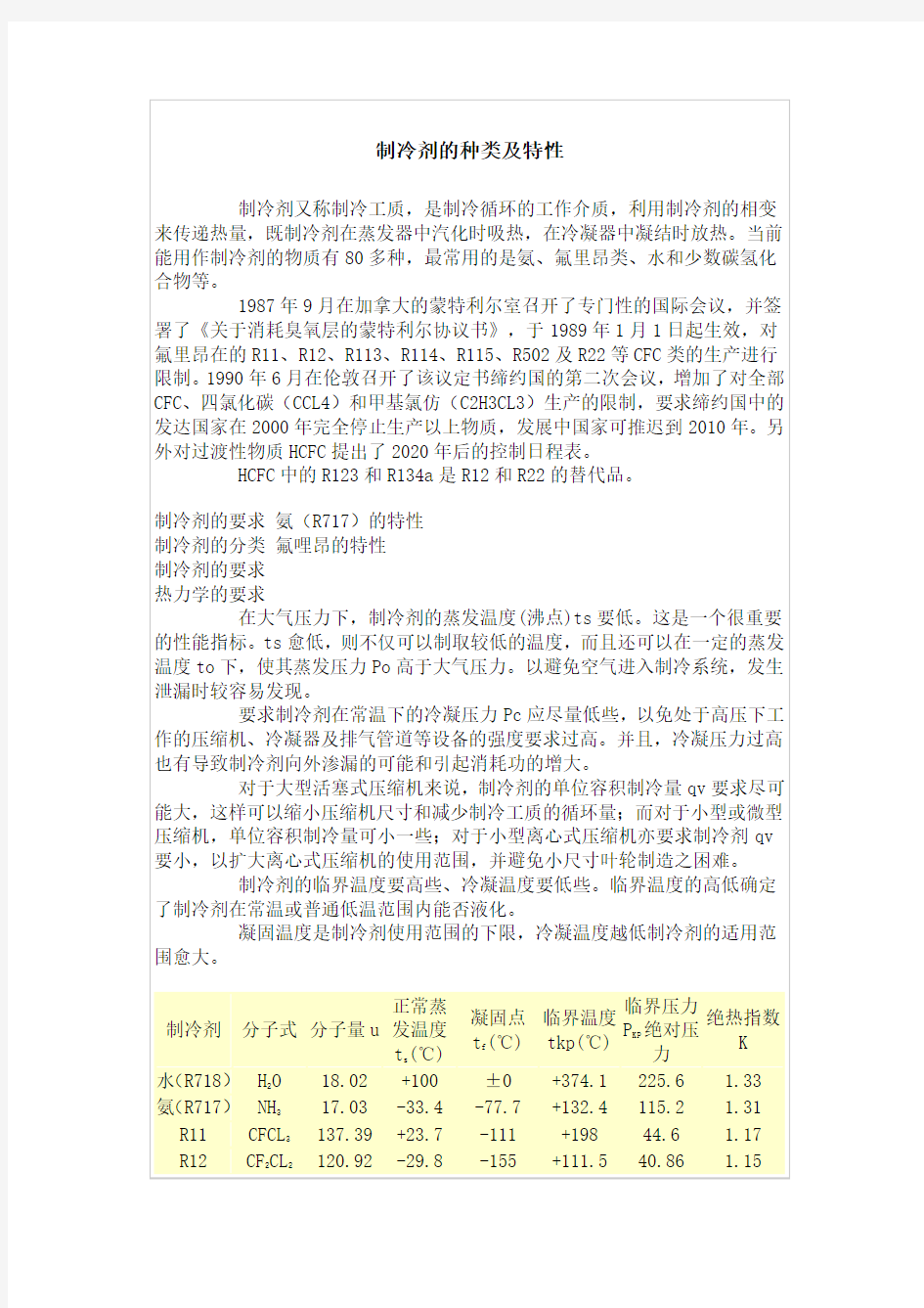 制冷剂的种类及特性