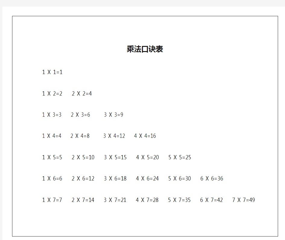 乘法口诀表(打印版、背诵版)