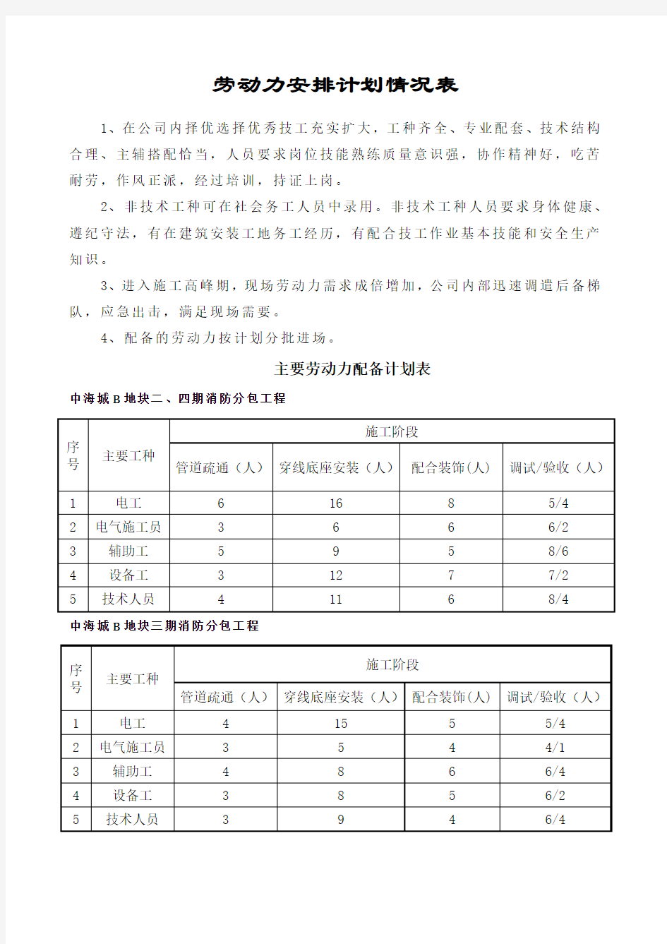 劳动力安排计划情况表