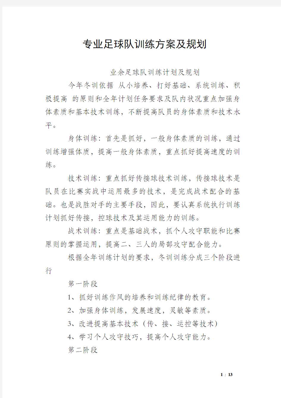 专业足球队训练方案及规划