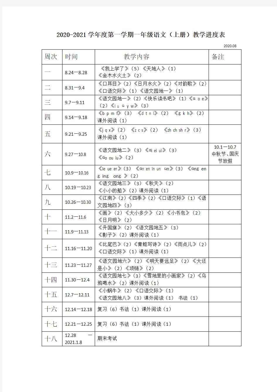 一年级上册语文教学进度表