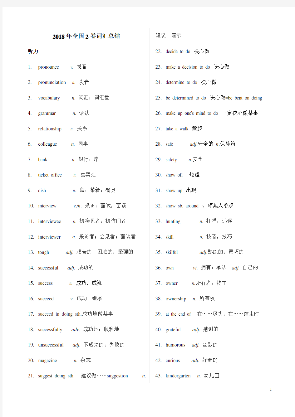 2018年高考英语 全国2 卷词汇总结