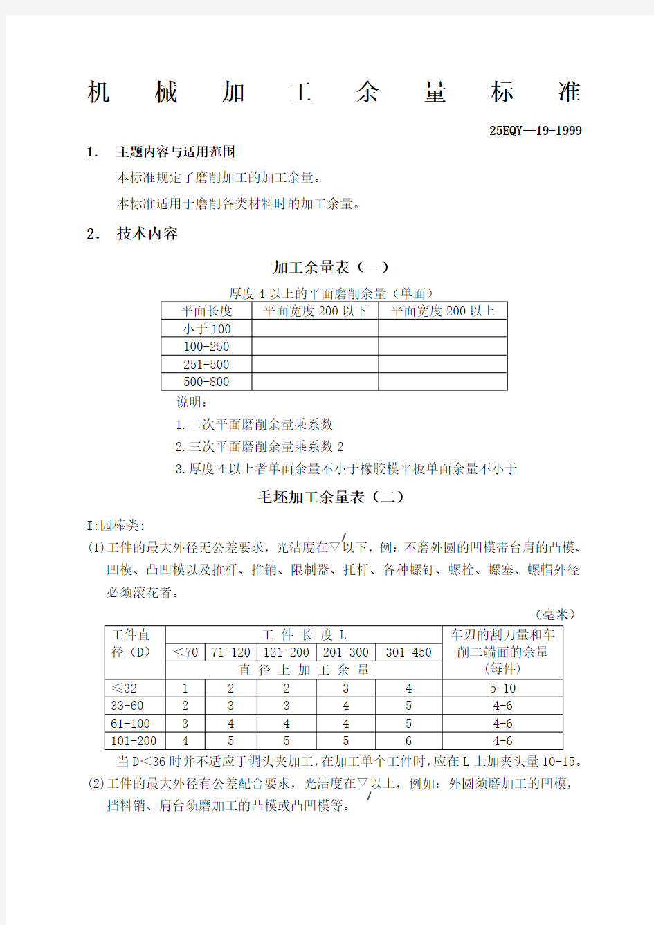 机械加工余量标准