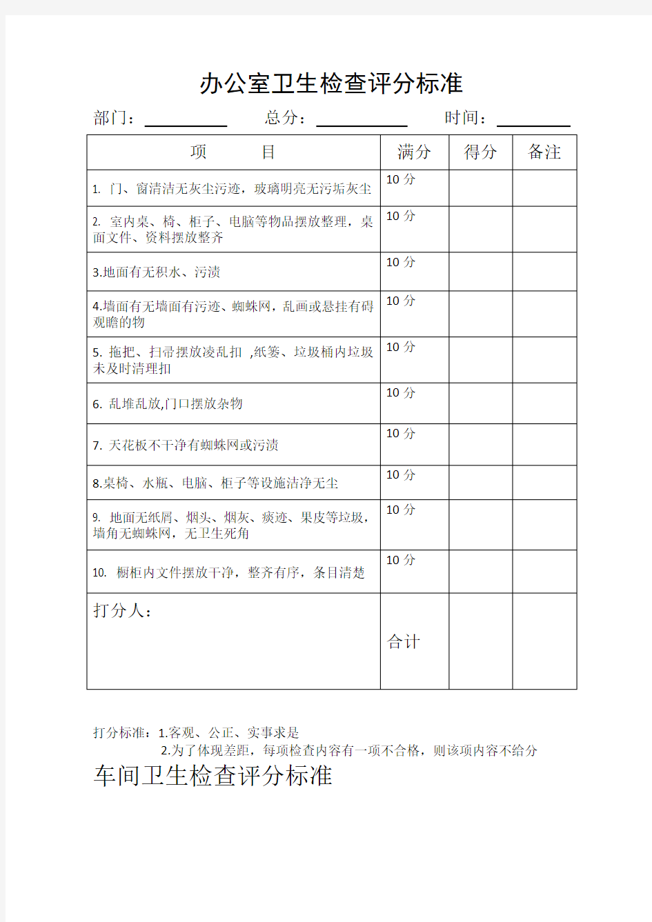 办公室卫生检查评分标准69894