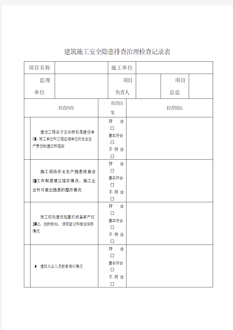 建筑施工安全隐患排查治理检查记录表