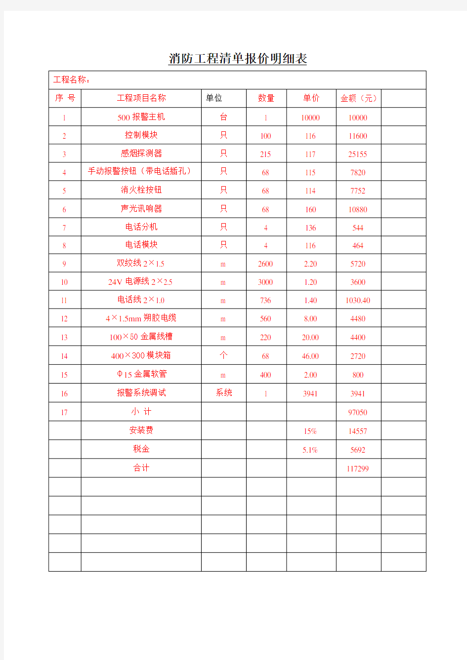 某消防工程清单报价明细表