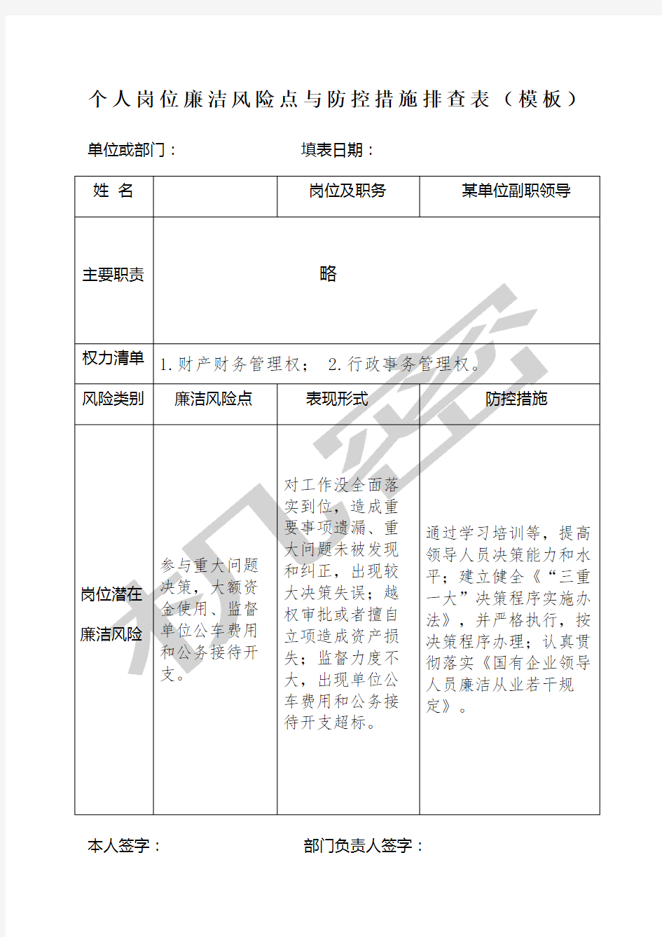 个人岗位廉洁风险点与防控措施排查表