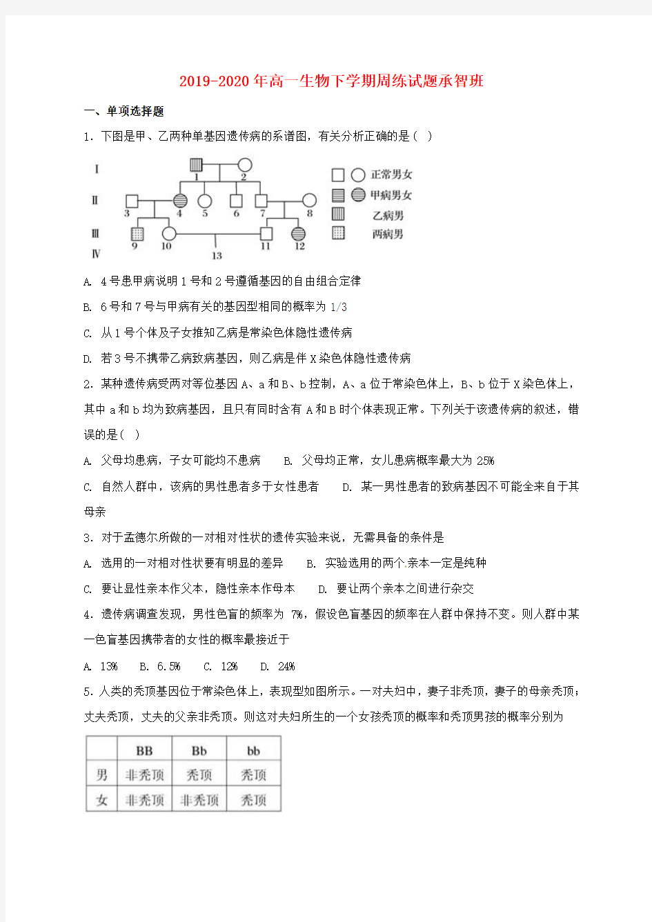 2019-2020年高一生物下学期周练试题承智班