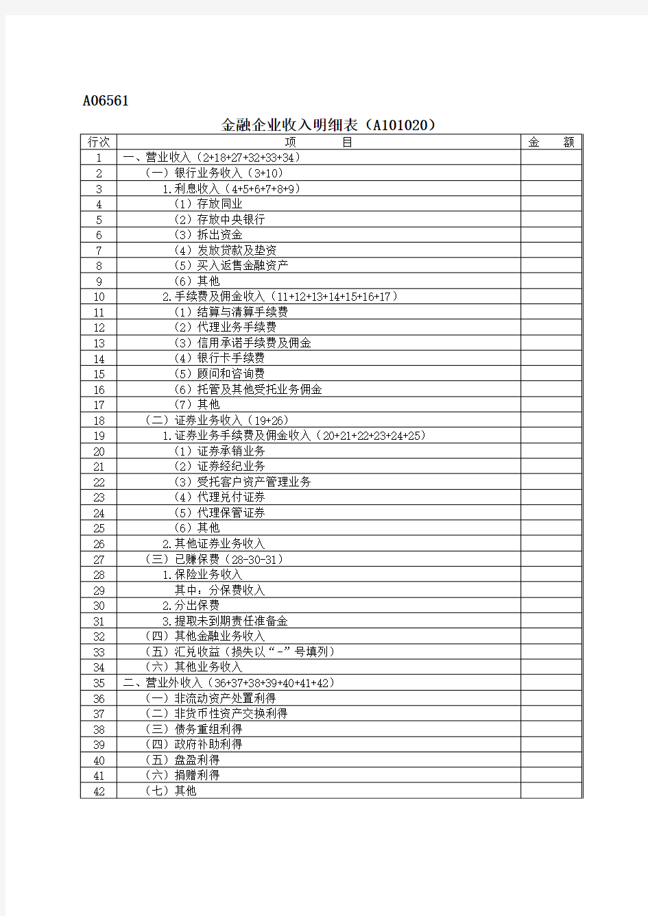 A06561《金融企业收入明细表》(A101020)