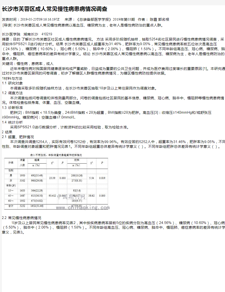 长沙市芙蓉区成人常见慢性病患病情况调查