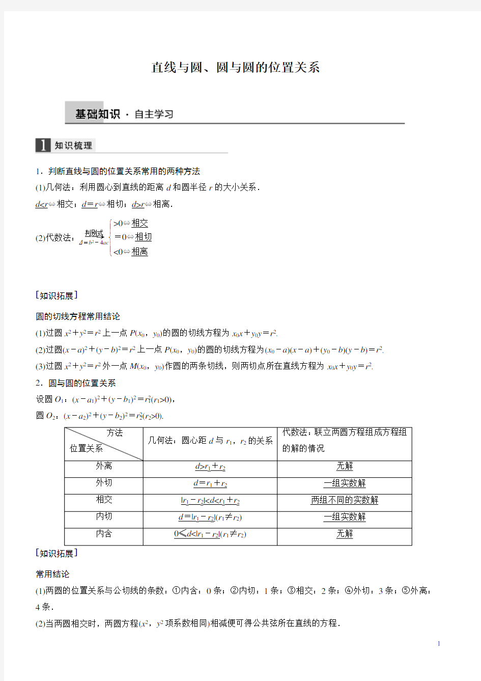 直线与圆的位置关系