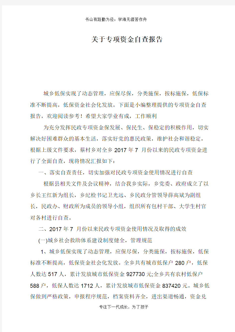 关于专项资金自查报告