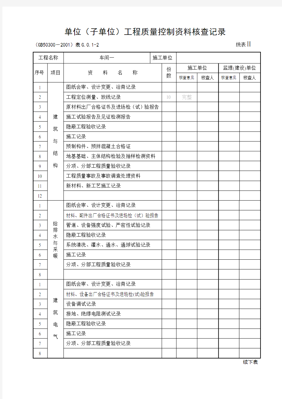 单位工程质量竣工验收记录表(统表1-4)