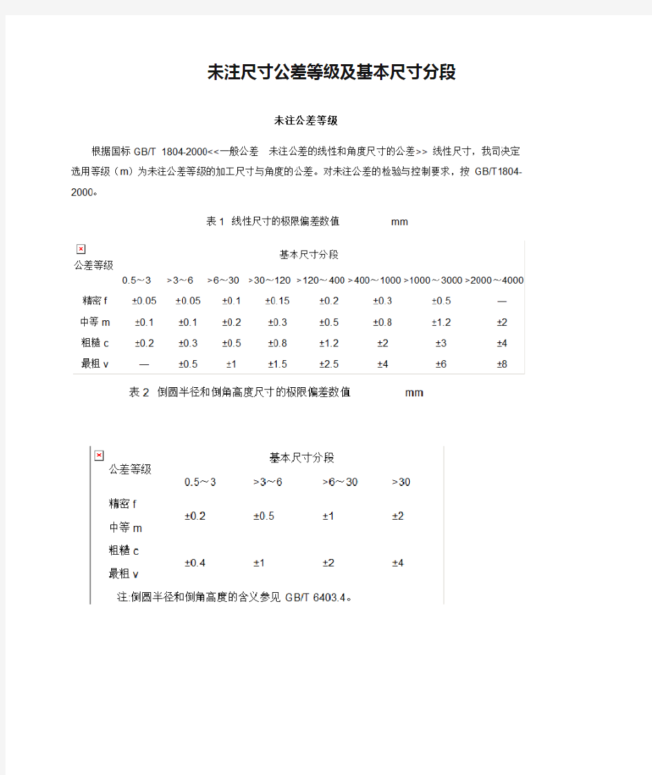 未注尺寸公差等级及基本尺寸分段