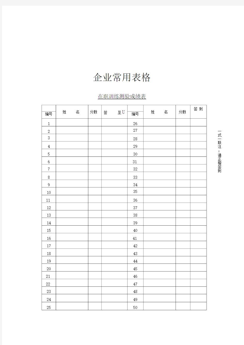 【企业常用表格】在职训练测验成绩表