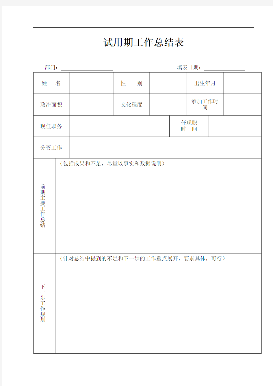 试用期工作总结表