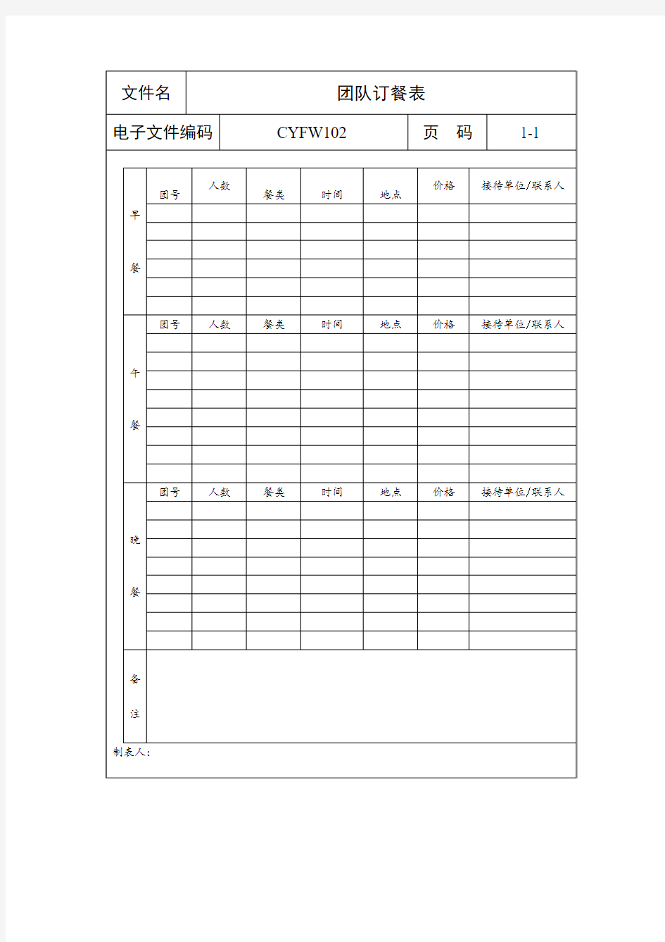 团队订餐表(表格模板、doc格式)