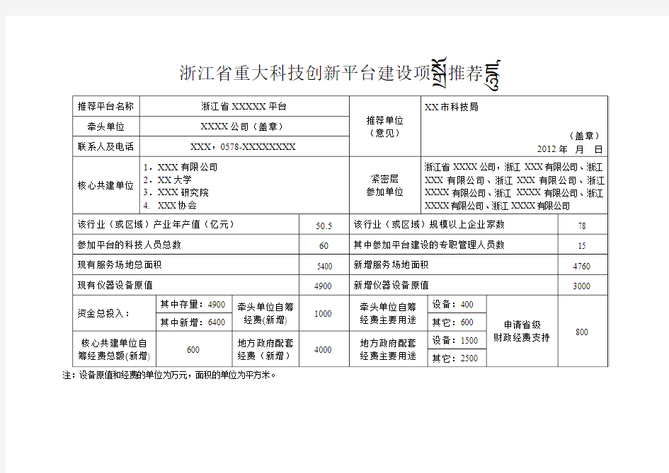 浙江省重大科技创新平台建设项目推荐表-示例表格
