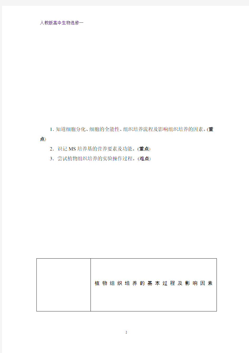 人教版高中生物选修一学案：专题3 课题1菊花的组织培养 含答案