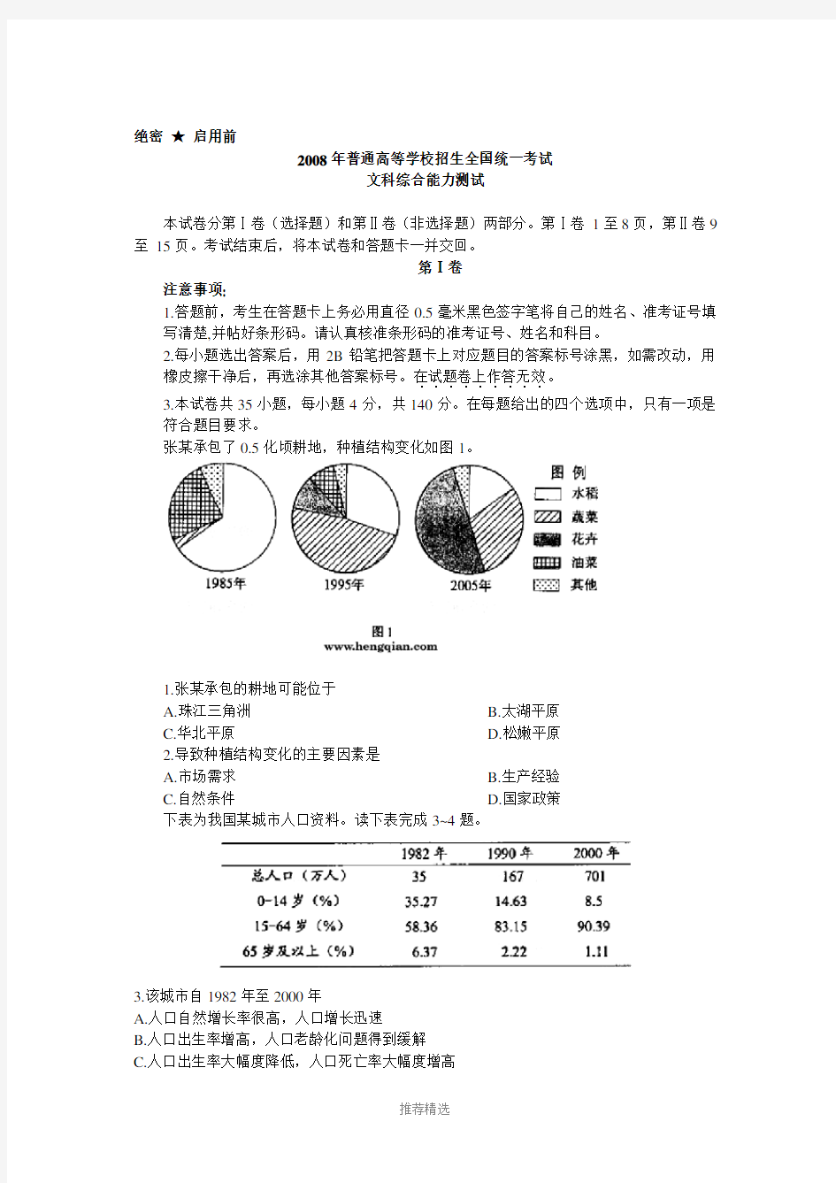 2008全国卷1文综(含答案)