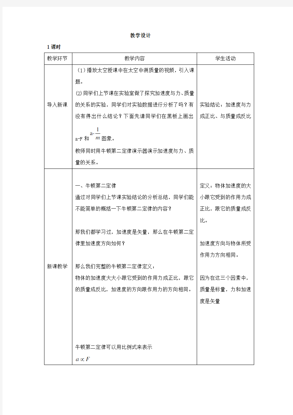 高中物理_牛顿第二定律教学设计学情分析教材分析课后反思