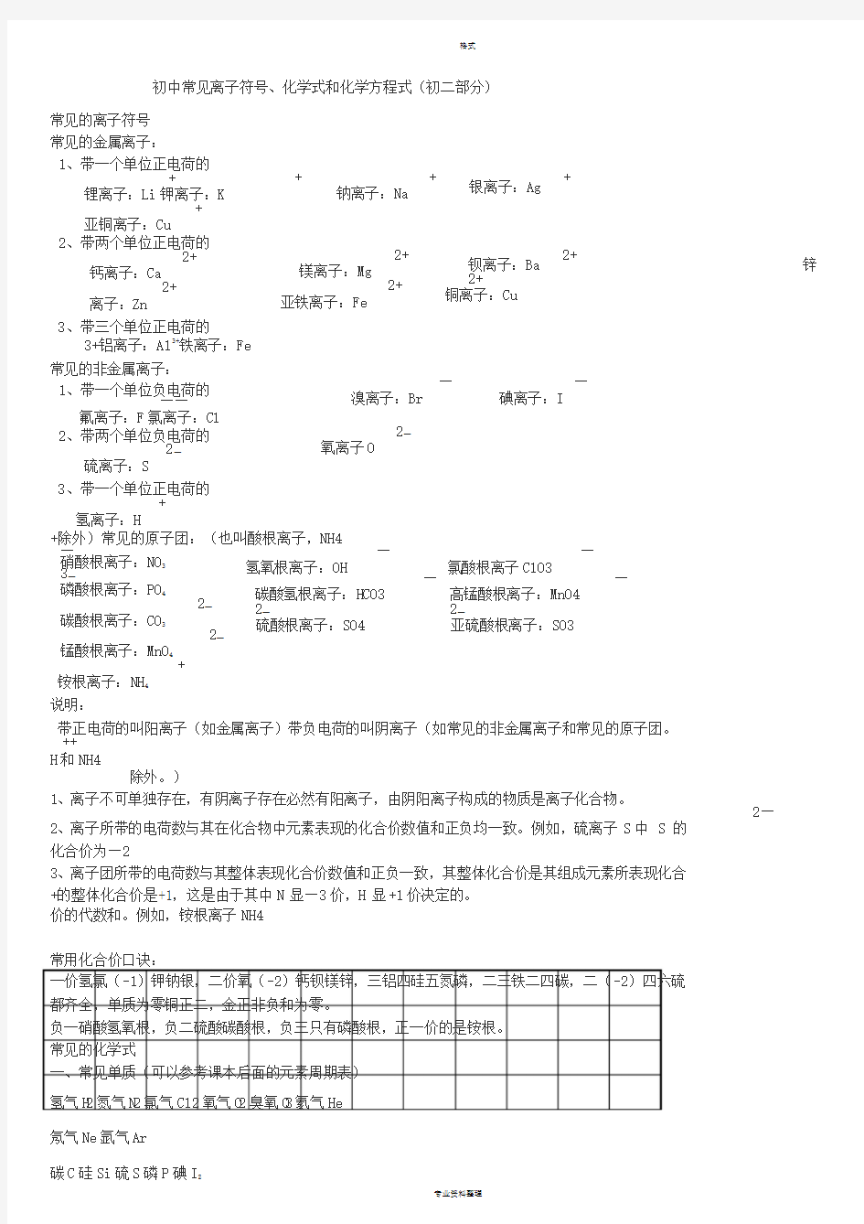 初中常见离子符号、化学式和化学方程式